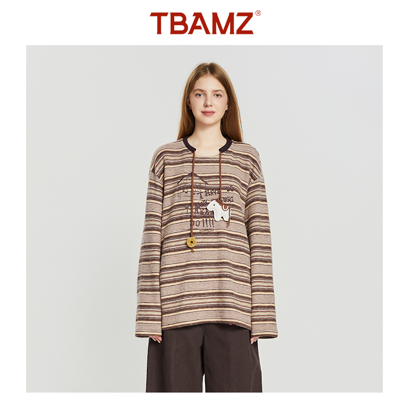 TBAMZ 美式休闲“马上有房”手勾刺绣德绒条纹针织长袖 75T1016