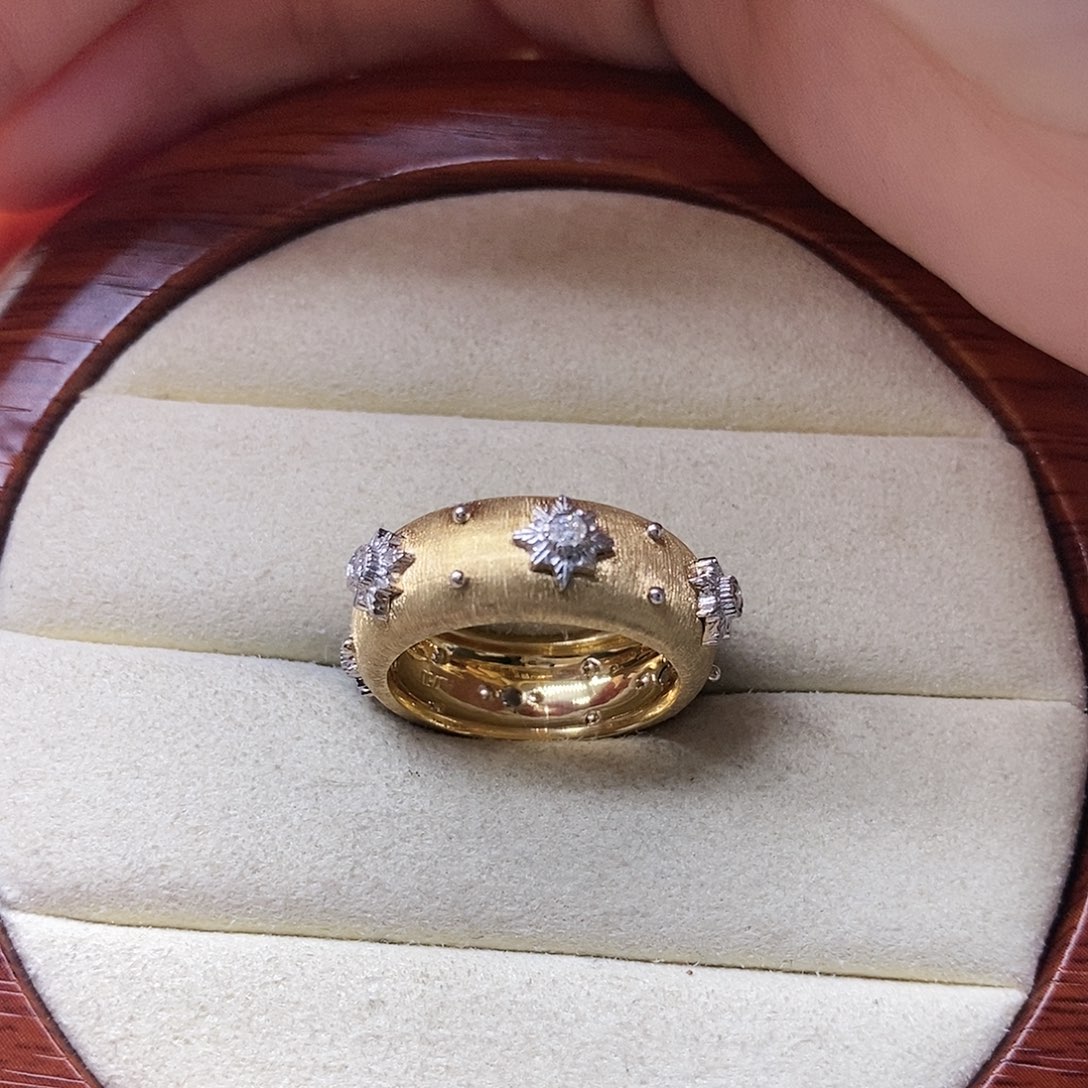 钻石戒指/指环18K金镶嵌拉丝雪花戒指k黄16