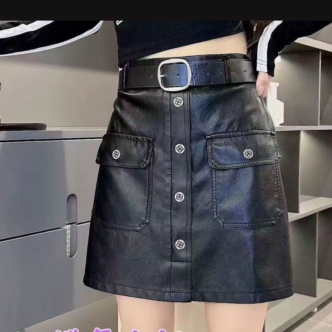 新款时尚百搭高腰A字pu皮半身短裙（无皮带）