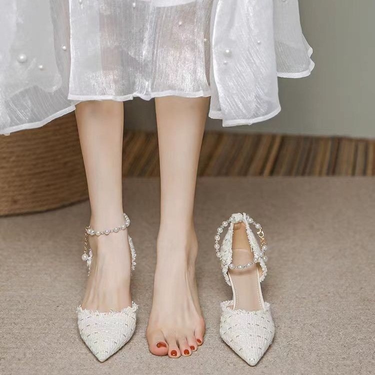 高跟鞋女秋季新款尖头细跟珍珠一字扣带中空单鞋法式仙女气质凉鞋
