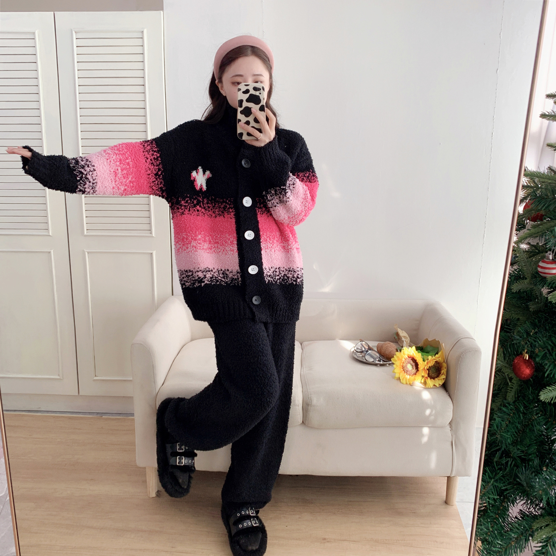 秋冬撞色渐变半边绒软绵绵家居服套装慵懒风可外穿休闲睡衣