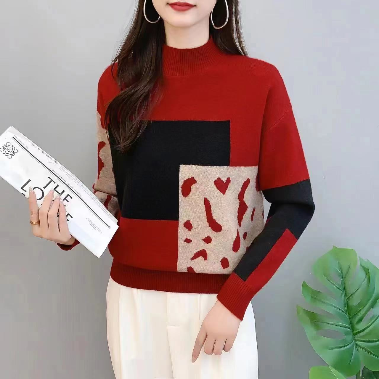 【豹纹拼色-红】半高领拼色打底衫女2025新款加厚内搭洋气女装秋