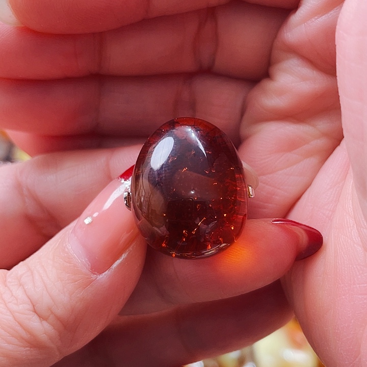 琥珀戒指银S925镶嵌戒指