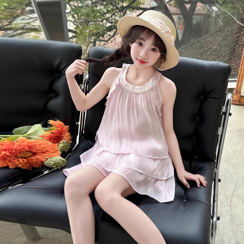 女童夏季无袖套装2025新款女大童甜美挂脖背心上衣儿童短裤两件套