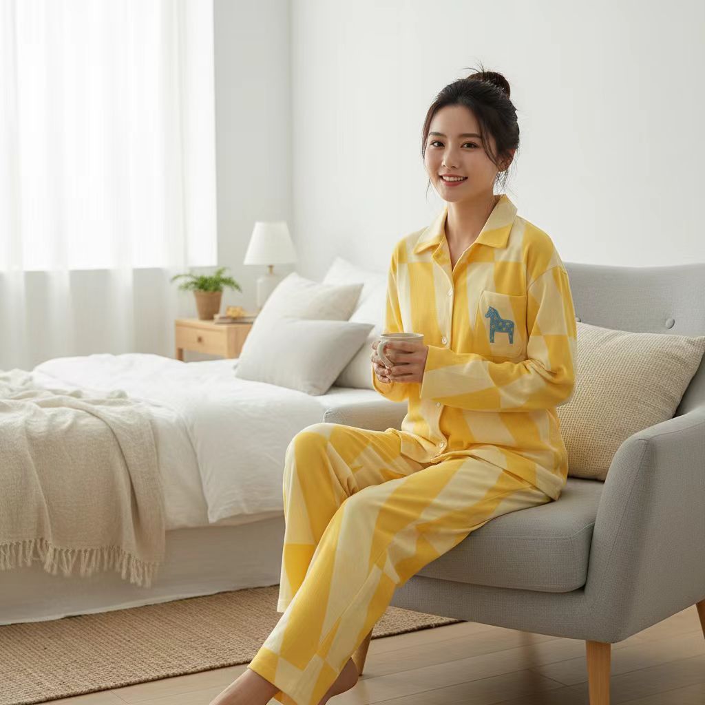 秋冬新款小马刺绣全棉睡衣纯棉男女通穿情侣款可外穿时髦家居服