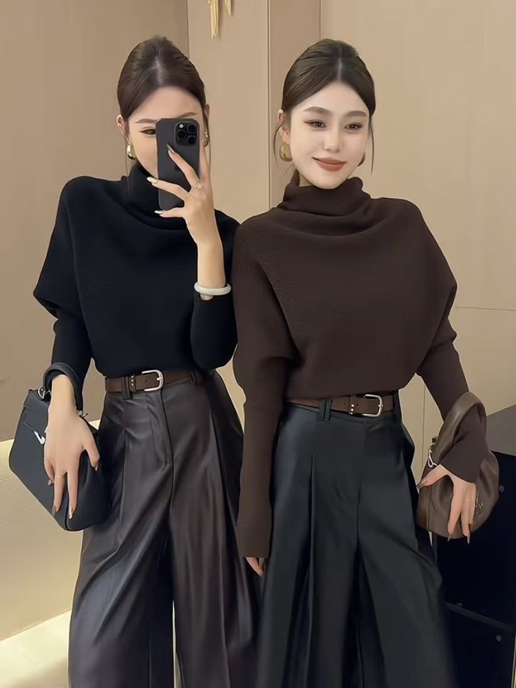 2025秋冬新款气质高领蝙蝠袖毛针织衫女设计感韩系氛围感高级上衣