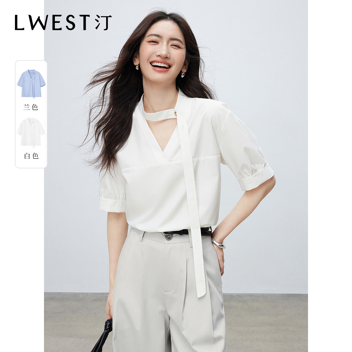 【林一专属】朗文斯汀优雅气质短袖别致法式飘带衬衫DTYC5203B03159