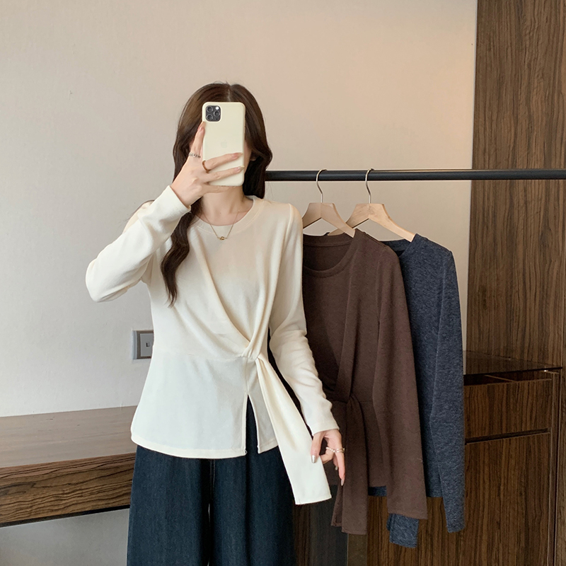 设计感圆领飘带加厚保暖T恤内搭长袖上衣2025秋冬新款胖mm大码女