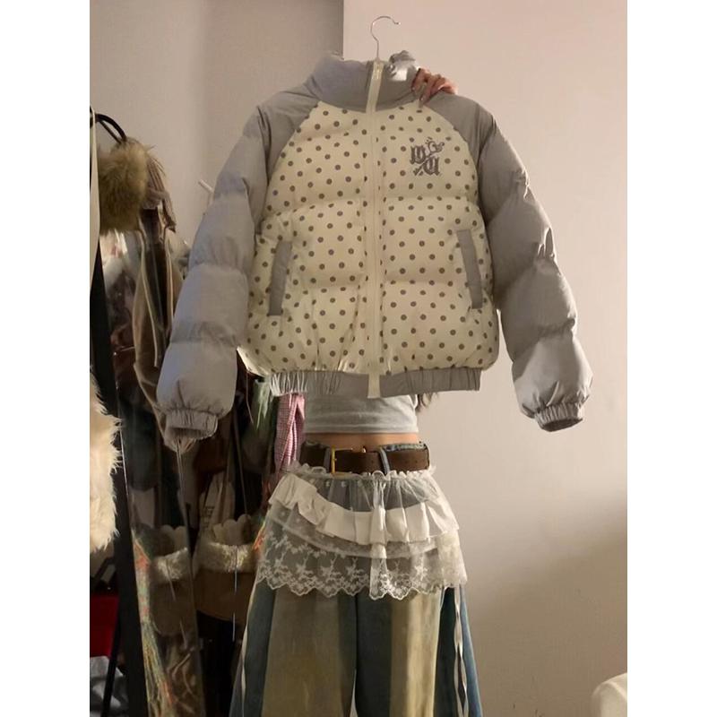 美式复古波点刺绣撞色棉衣棉服女冬季宽松小个子加厚面包服外套潮