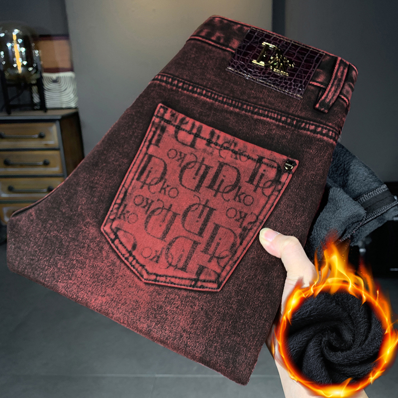 秋冬加绒保暖复古宾利红男士牛仔裤九分弹力修身直筒轻奢潮流长裤