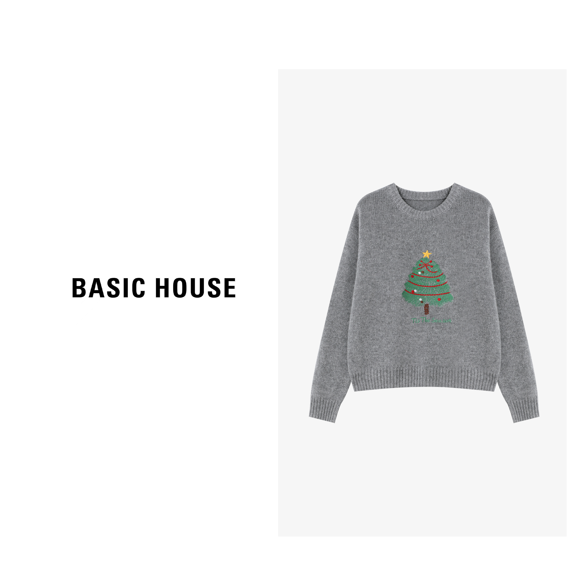 Basic House/百家好长袖针织时尚休闲宽松灰色羊毛衫-B0625B5SBU2
