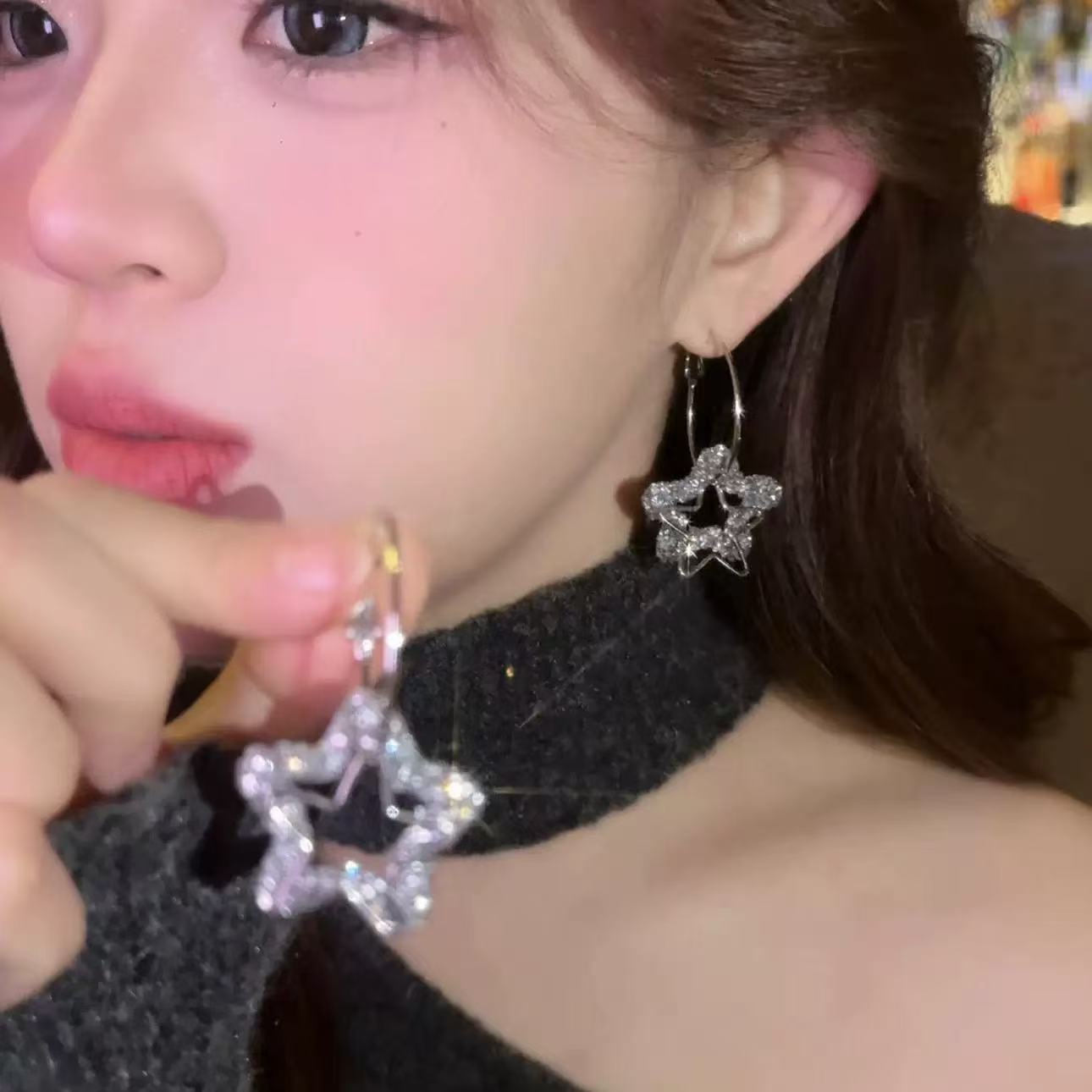 网红爆款闪钻五角星耳圈耳环女新款独特时尚夸张显脸小时尚耳饰