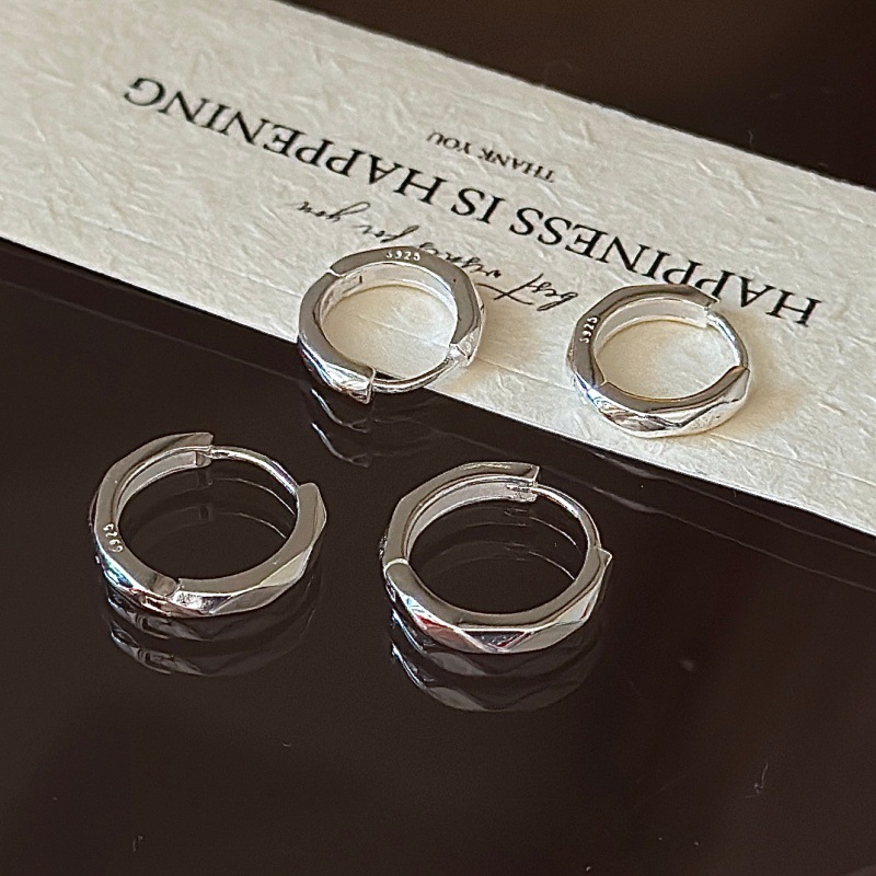 925银耳饰 菱形切面六角耳扣男女简约韩式风基础款耳环百搭