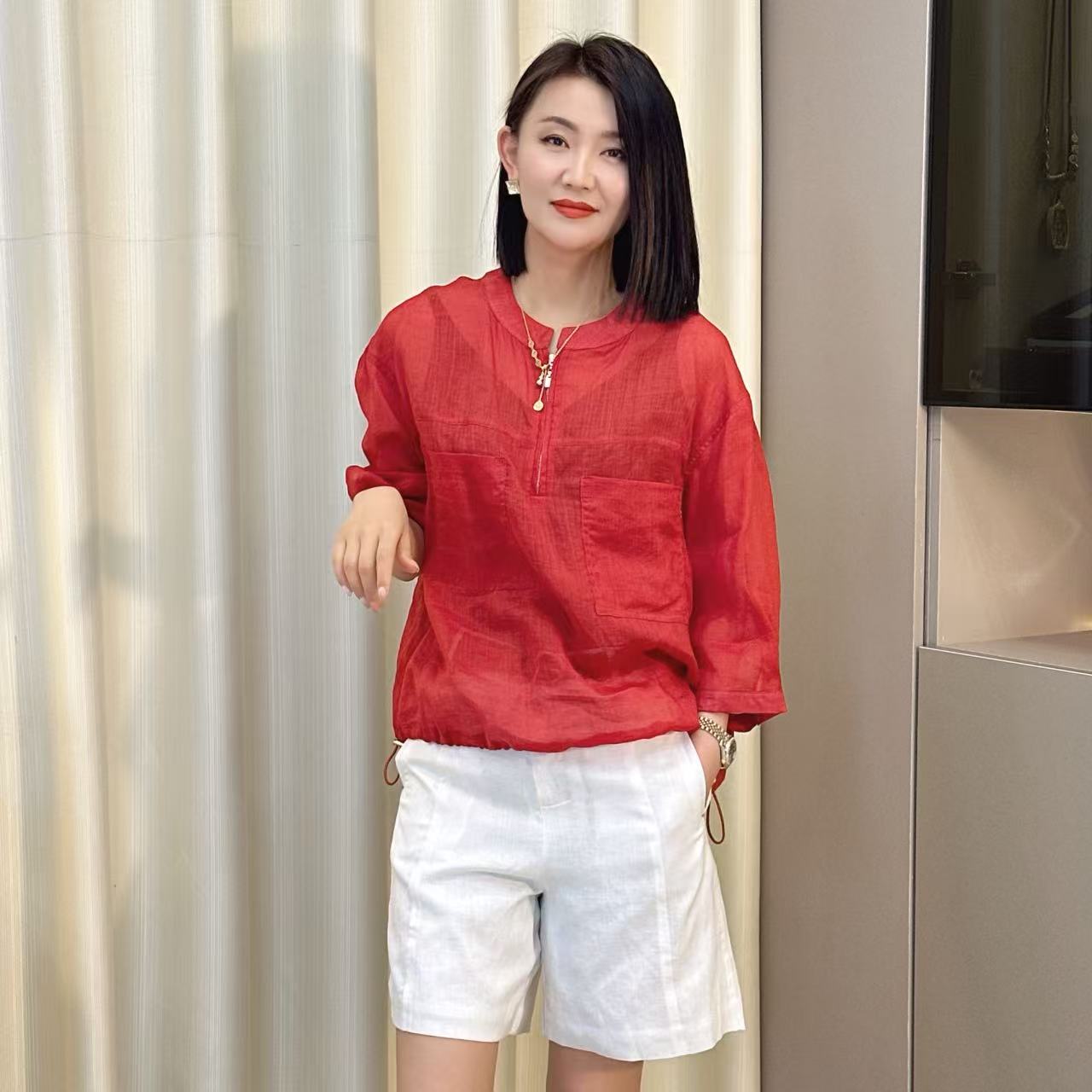 【二婷衣橱】25年夏季时尚百搭宽松显瘦纯色半拉链衬衫25069