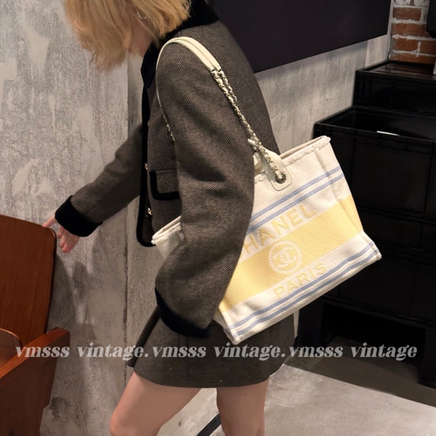 99新 Chanel/香奈儿 25c沙滩包拼色帆布单肩包 芯片款83324