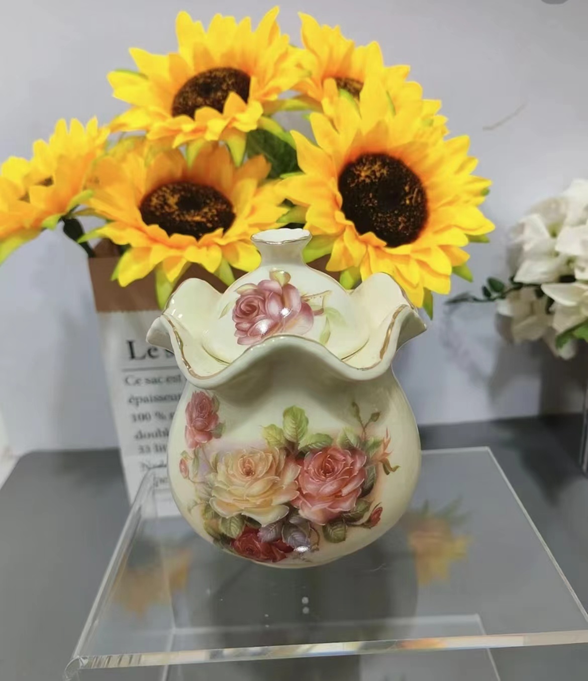 欧式老镇玫瑰手工描金波浪糖罐