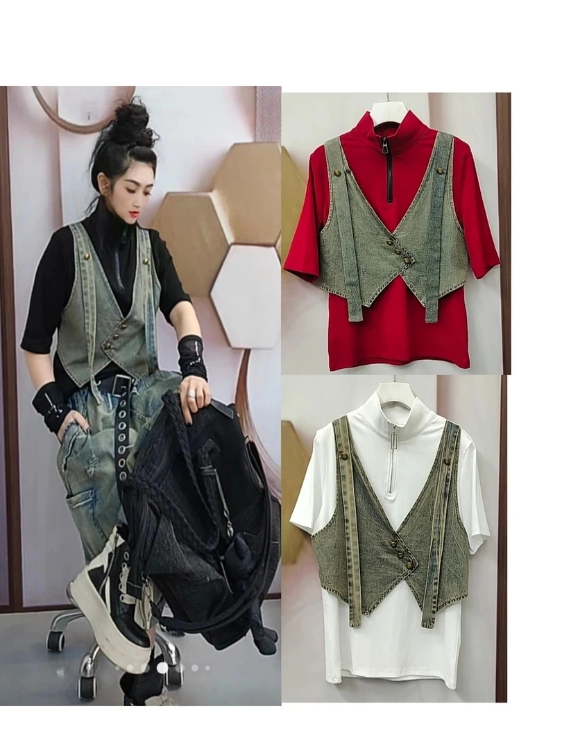 潮牌欧货新款短袖上衣假两件319款款宽松时尚夏季