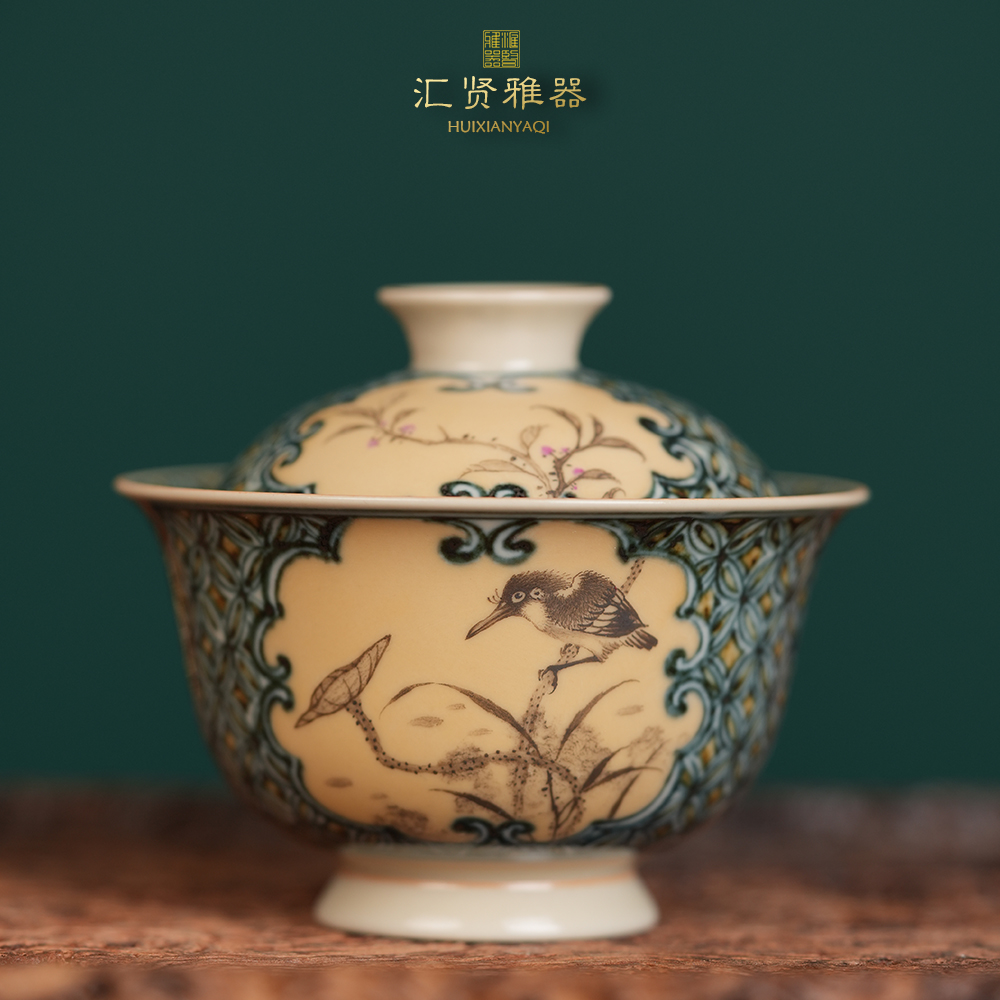 青花釉里金开窗花鸟盖碗130cc手工纯手绘茶碗茶器茶具盖碗