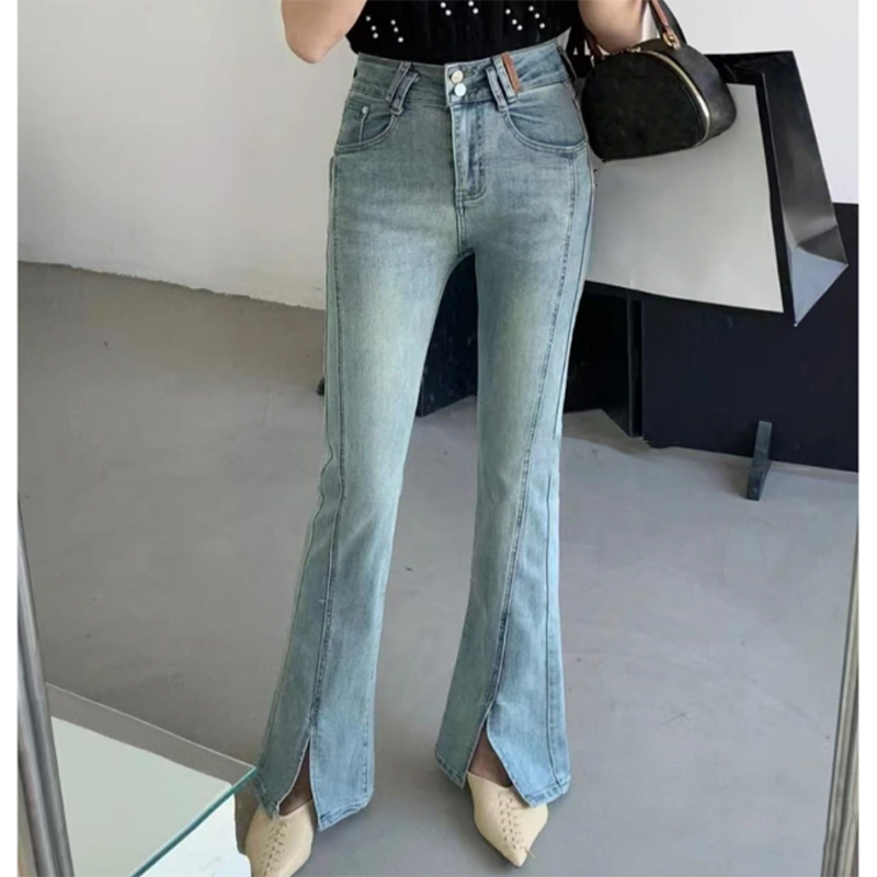 （女装）76312 蓝色高腰修身显瘦微喇叭弹力牛仔裤