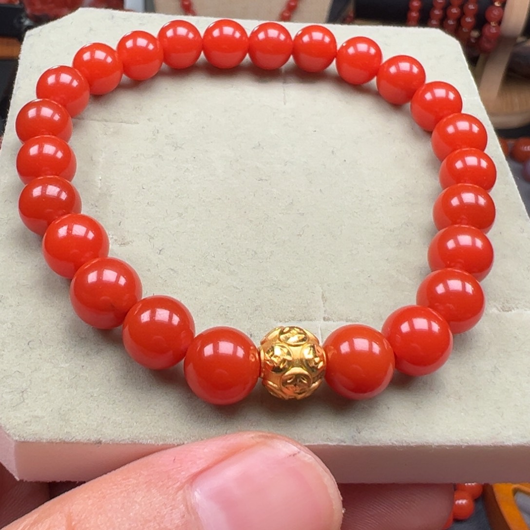 三***界南红玛瑙足金镶嵌保山锦红手串8+
