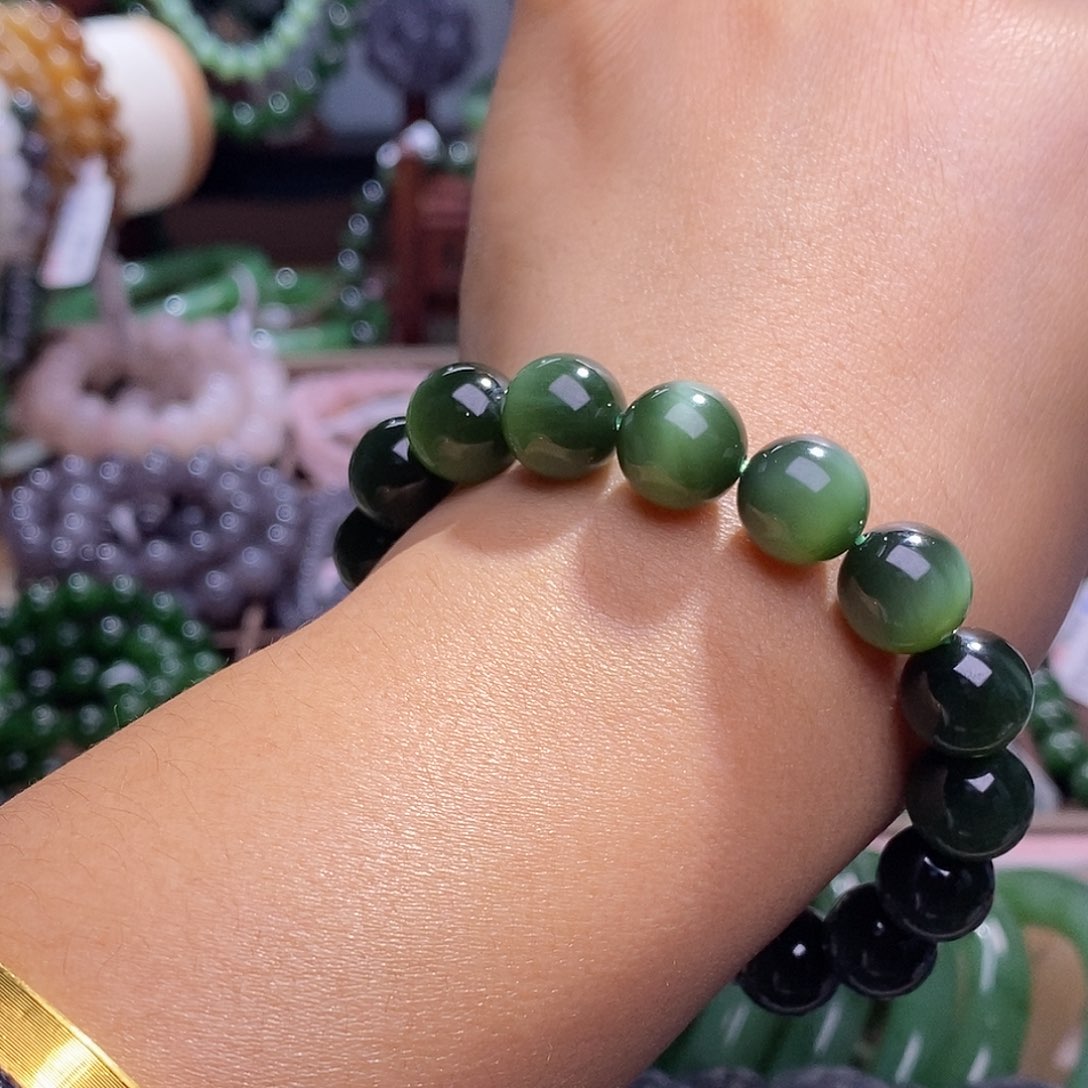 和田玉毕业级老坑料碧玉猫眼手链11.5m未镶嵌