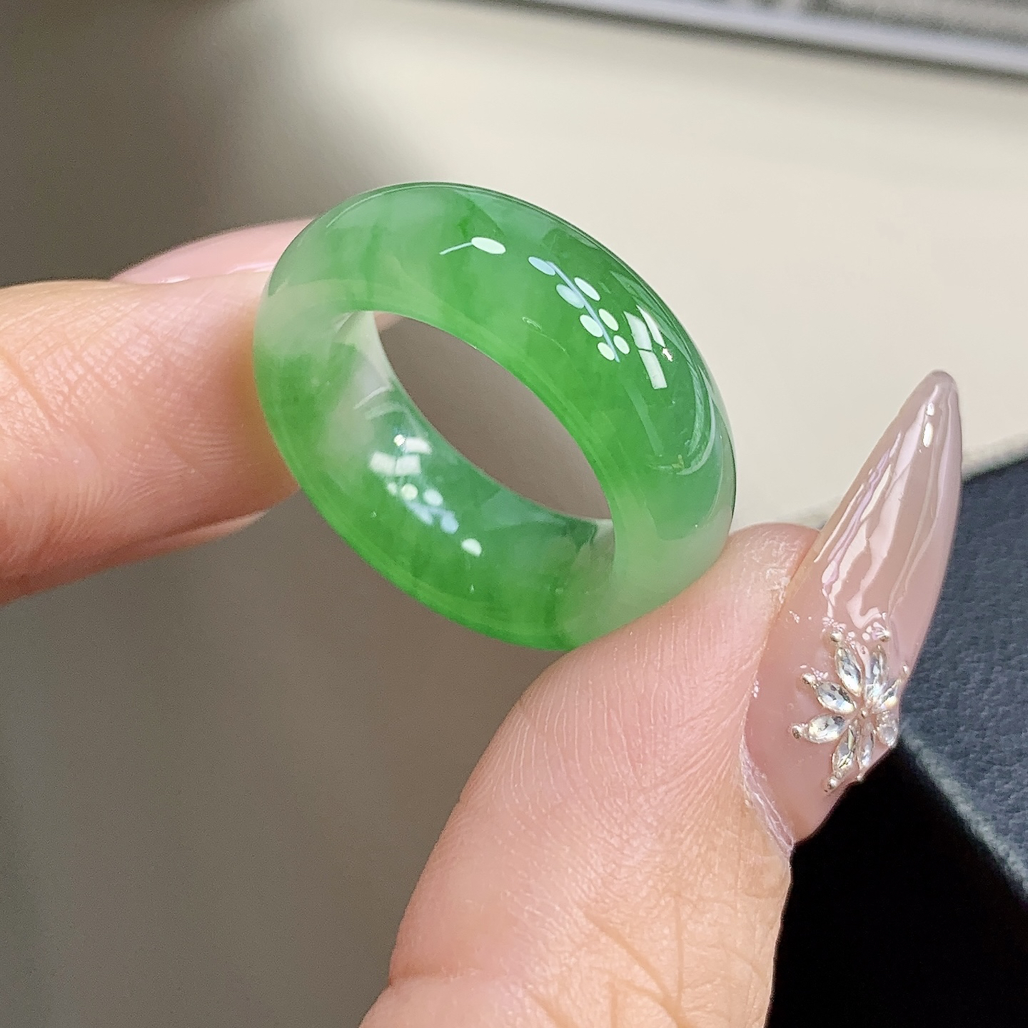 14号15号 缅甸翡翠老坑冰种 宽版轮胎辣阳绿翡翠戒圈17.2-8.3-4.2