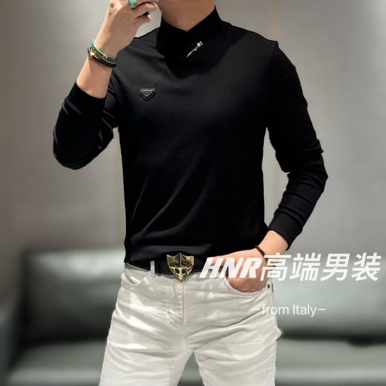 【莫代尔空气层】倒三角图标交叉领秋冬款男士圆领长袖9669-1