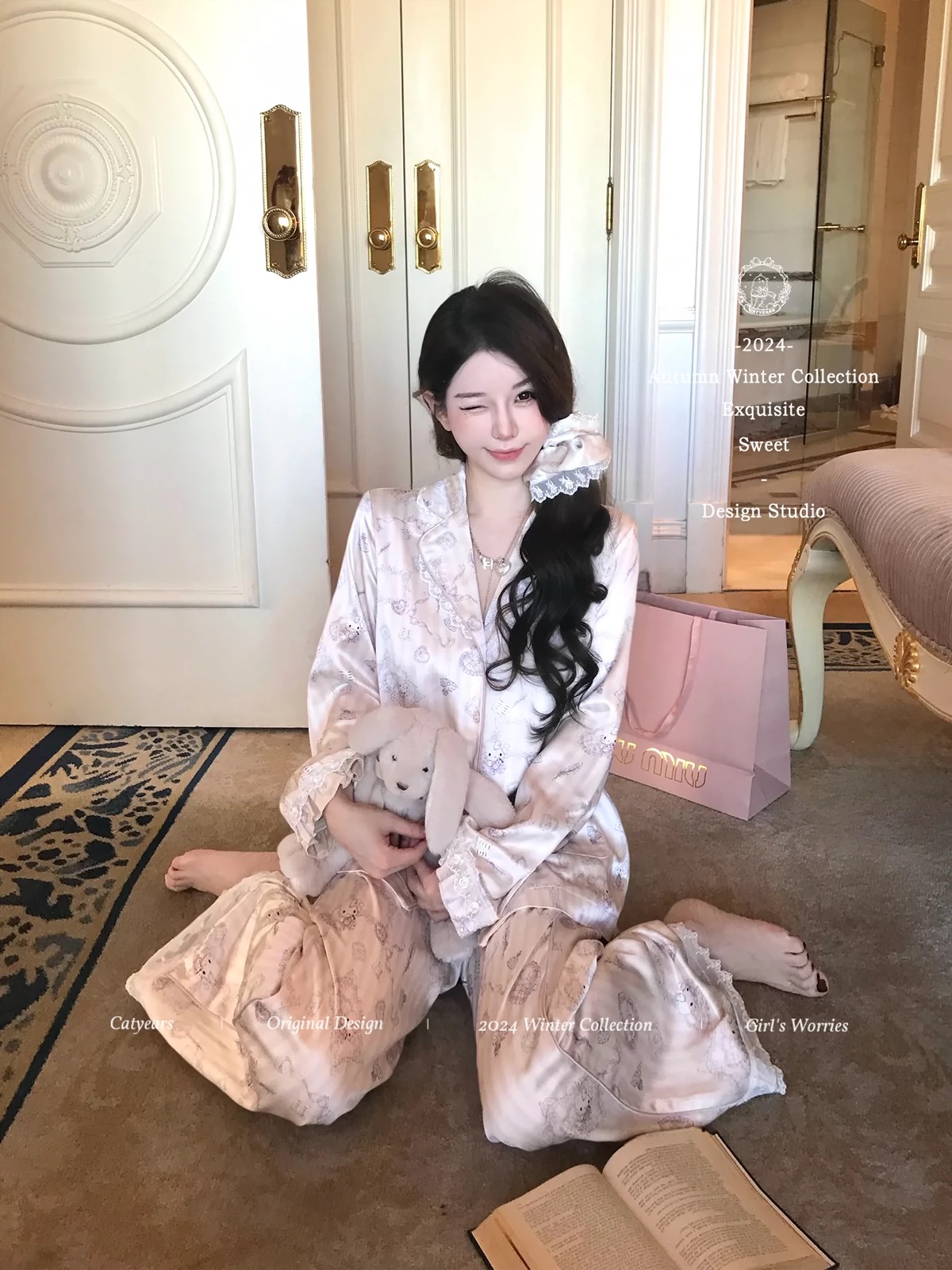 韩版可爱网红风轻奢甜美长袖设计师猫猫家居服套装