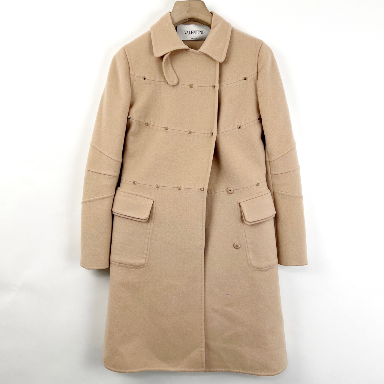 95新 Valentino/华伦天奴 6码/粉色铆钉装饰毛呢大衣/06044