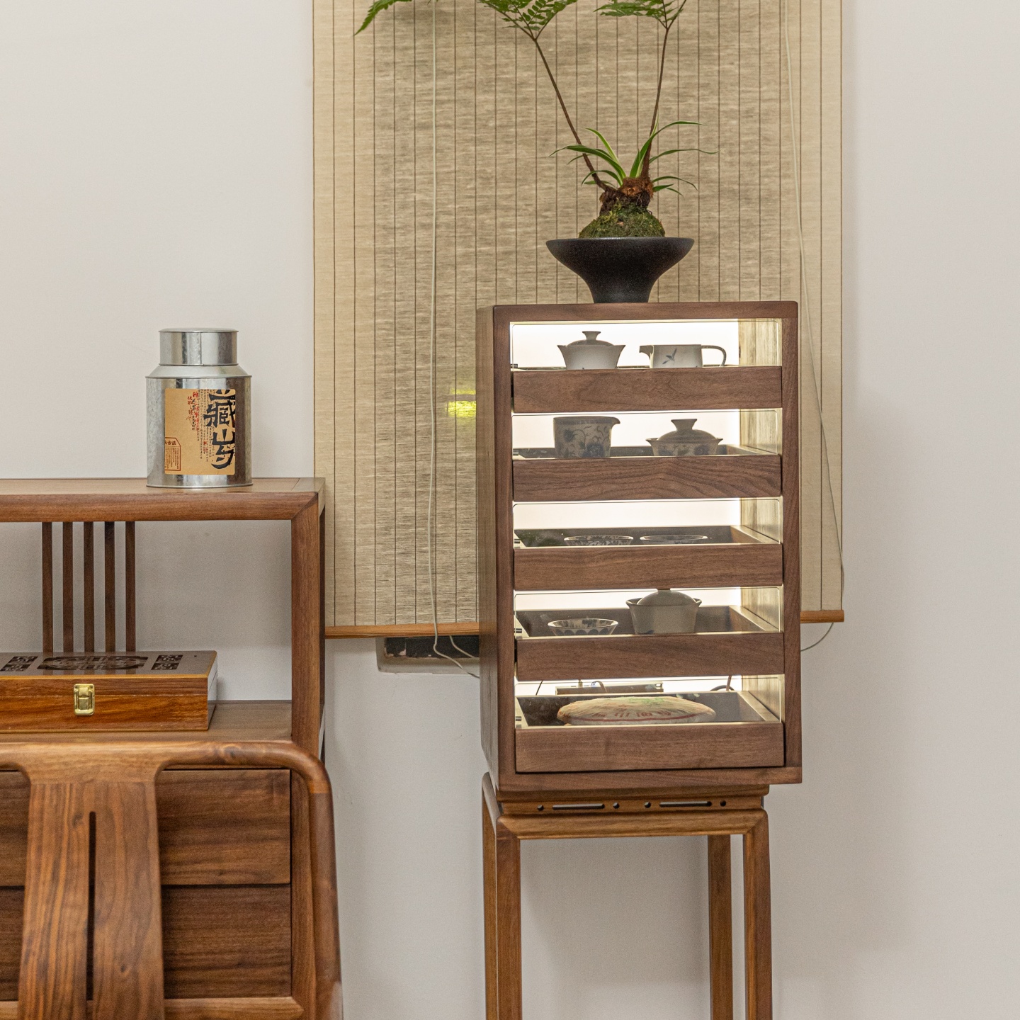 敲云[钢琴键五层牙科柜]黑胡桃茶室茶杯具收纳柜新中式实木储物柜