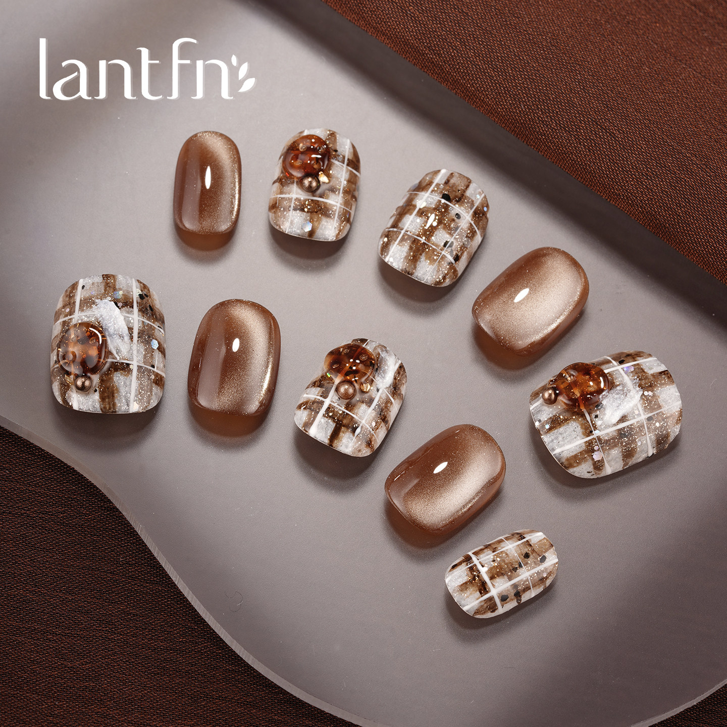 兰廷坊原创【中古小香】纯手工穿戴甲2025秋冬高级感显白格纹小香风