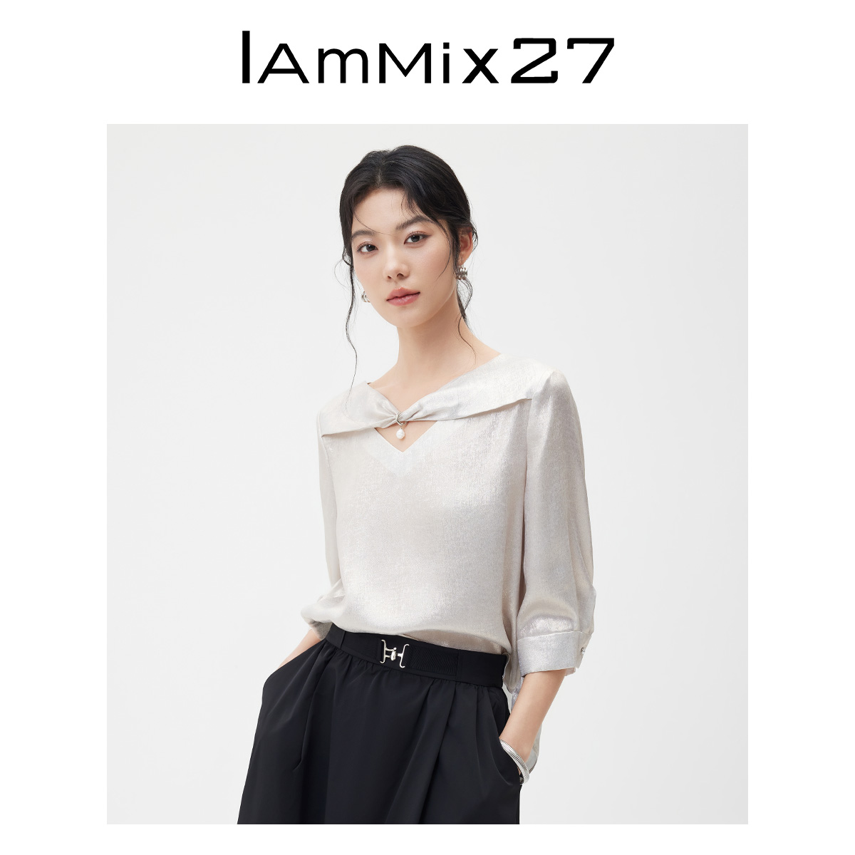 Iammix27V领套头中袖宽松法式夏季优雅轻薄缎面上衣女M4C2311