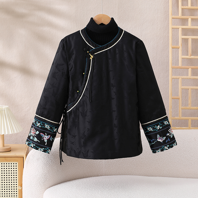 冬季棉服中国风斜边系带加厚新疆棉花棉服短款中式绣花