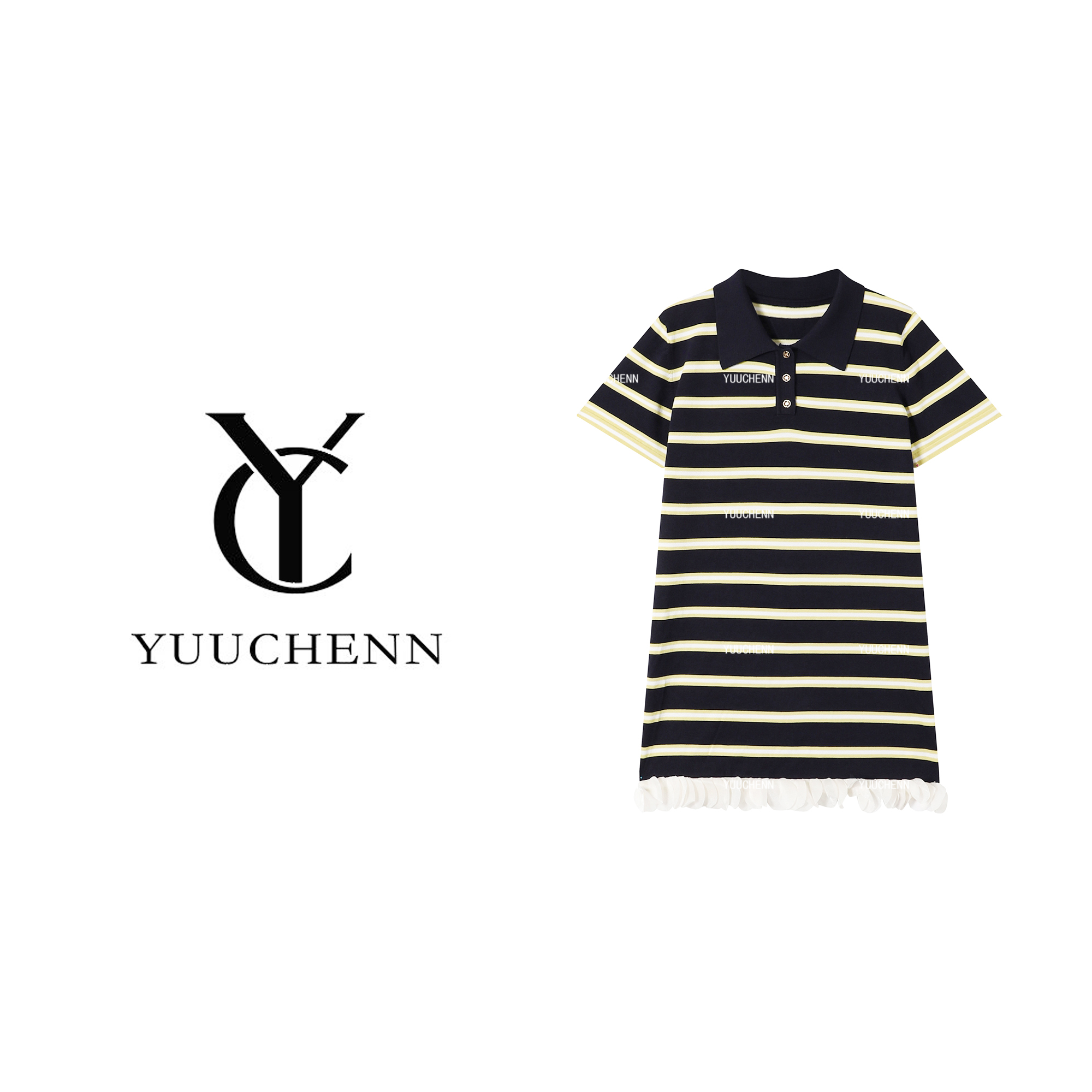 YUUCHENN 时尚舒适简约休闲百搭翻领条纹连衣裙-W657