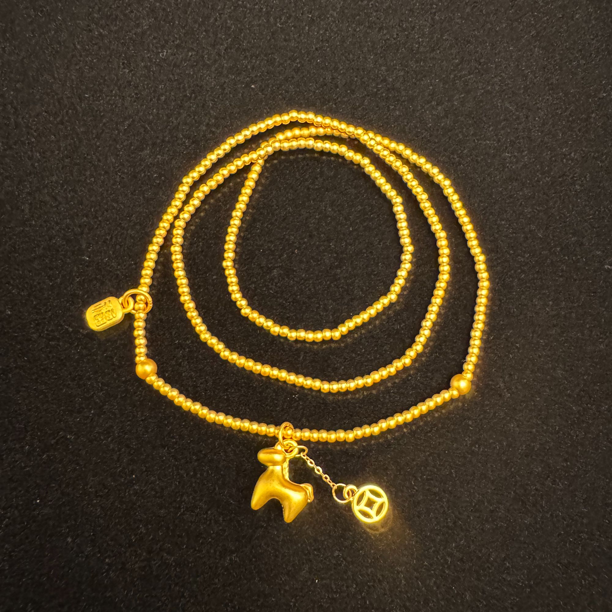 足金999 黄金古法工艺三圈两用福字钱币小马手串