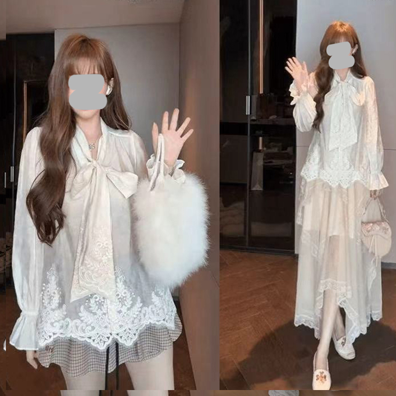 韩版仙气清透花边拼接飘带衬衫+半裙女2025百搭衬衣半身裙套装