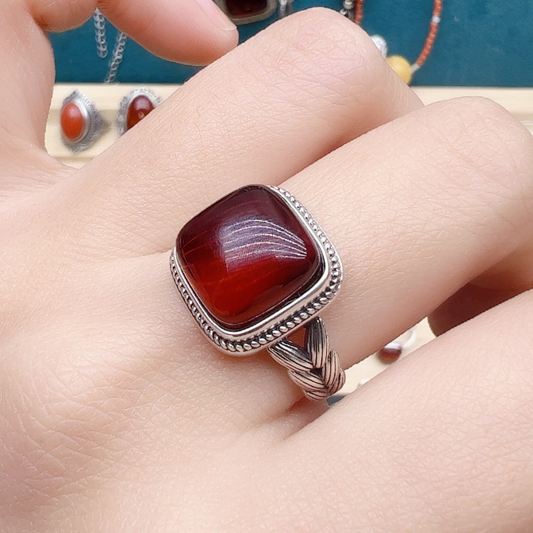 血珀戒指银S925镶嵌天然