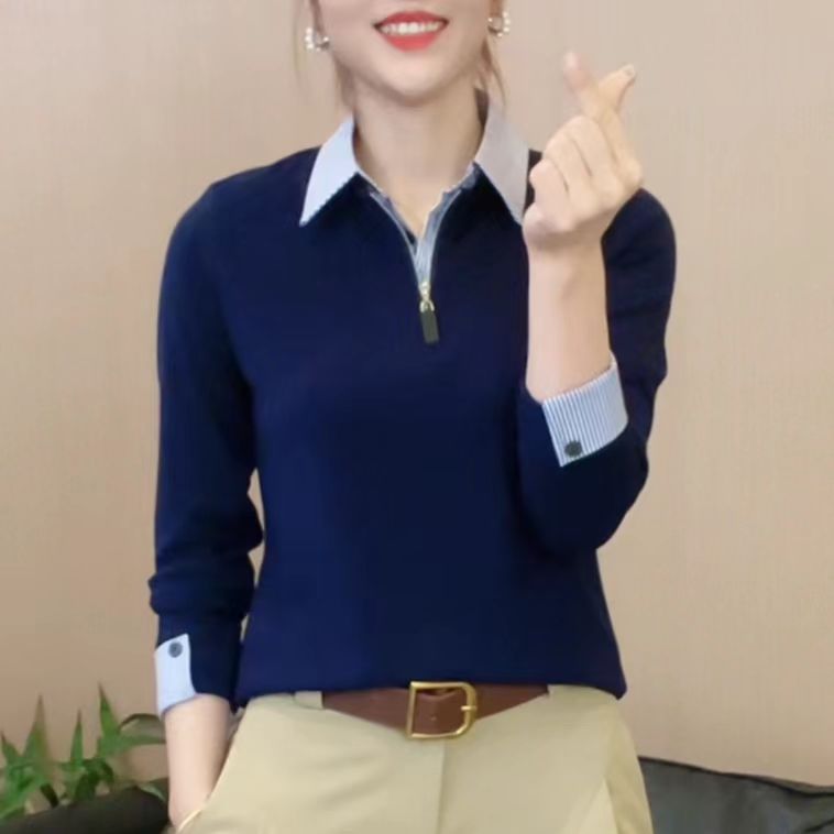 韩系2025秋季新款设计感小众拼接撞色假两件拉链女T恤