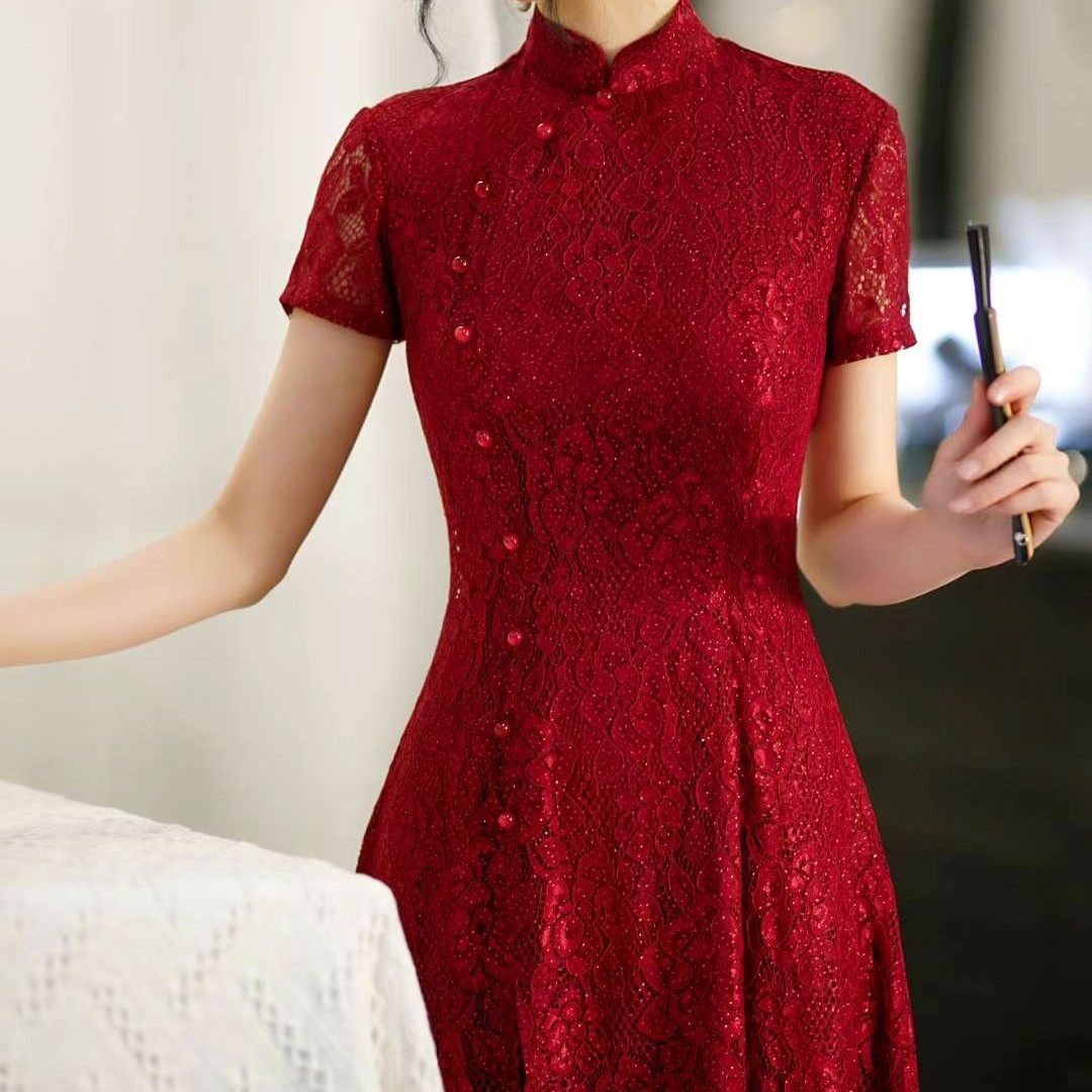 红色奥黛款旗袍加大码大码女装