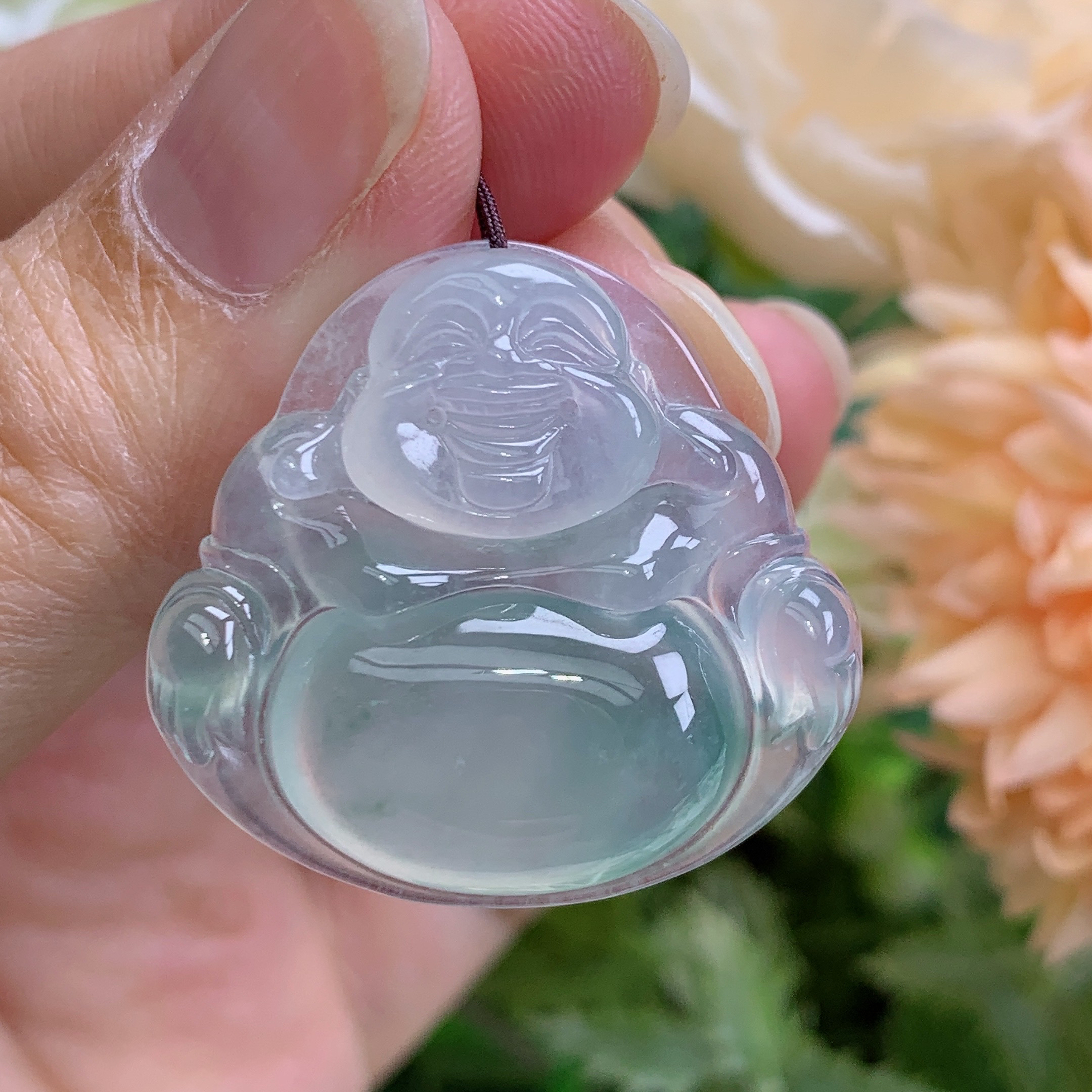 缅甸天然翡翠A货高冰起光飘花飘花佛公吊坠雪尺寸27.5×29×6.1mm