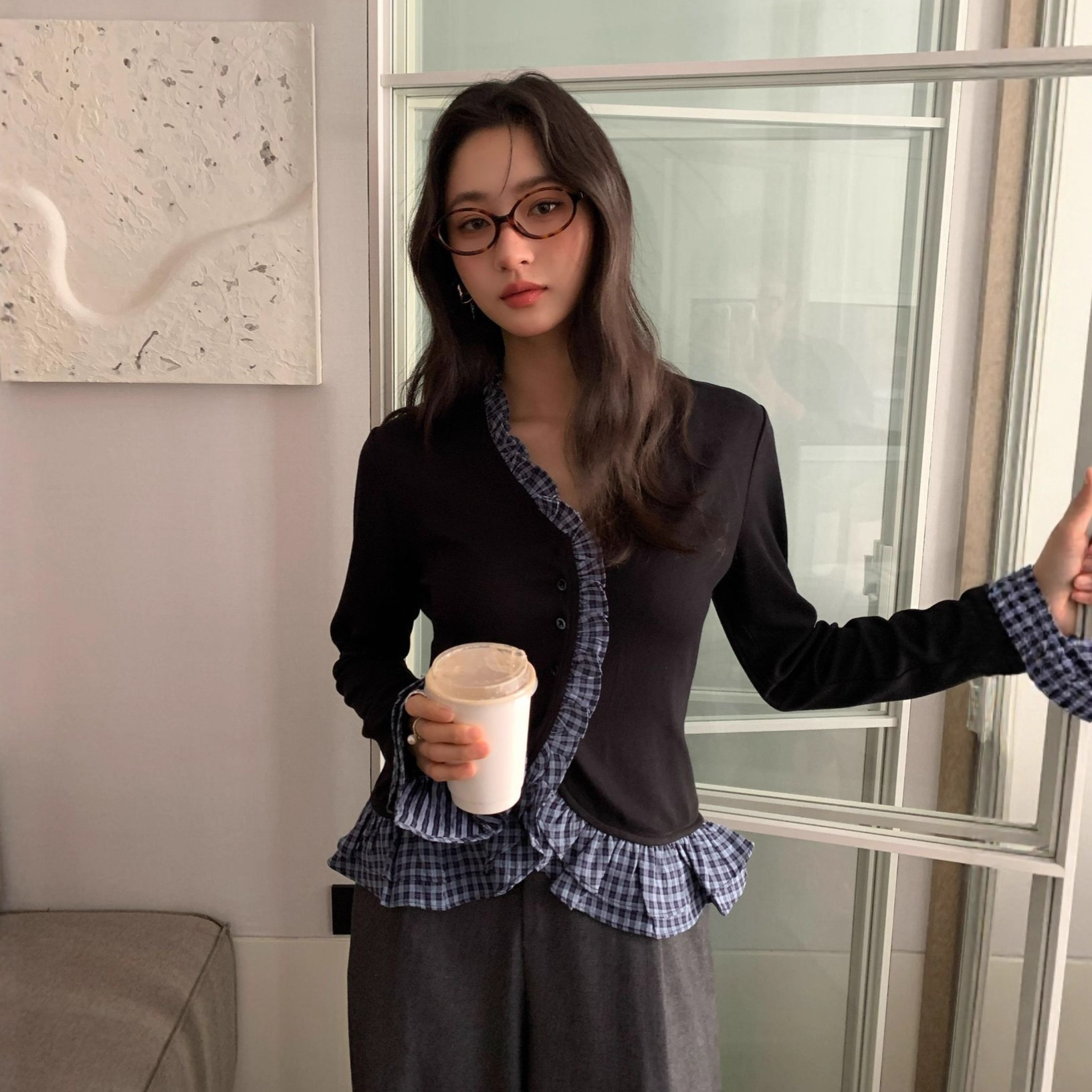 十三行秋季25秋复古小众设计感假两件格子荷叶边衬衫女F6836