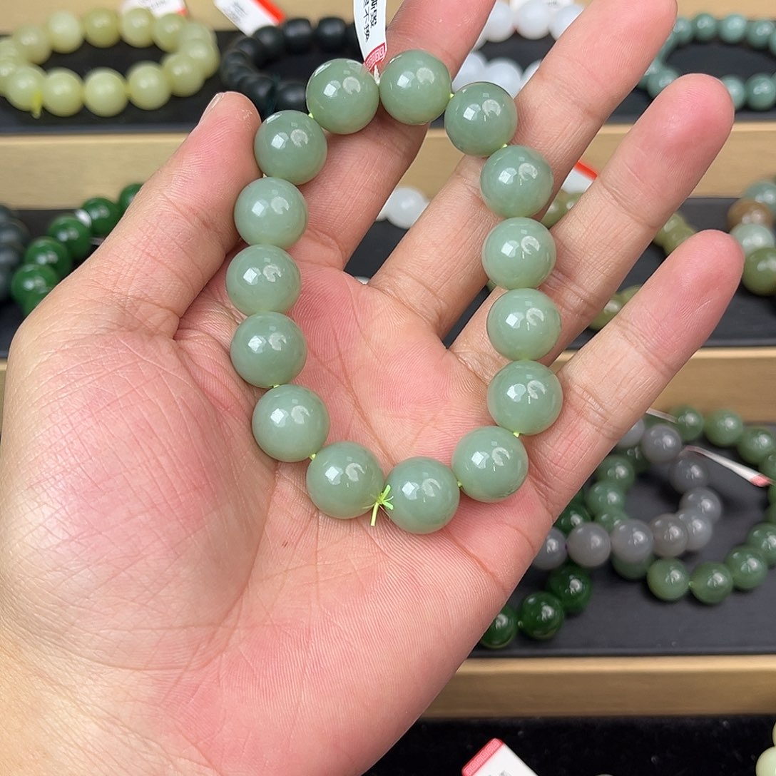 和田玉手串未镶嵌纯天然俄罗斯碧玉鸭蛋青瓷蓝14mm