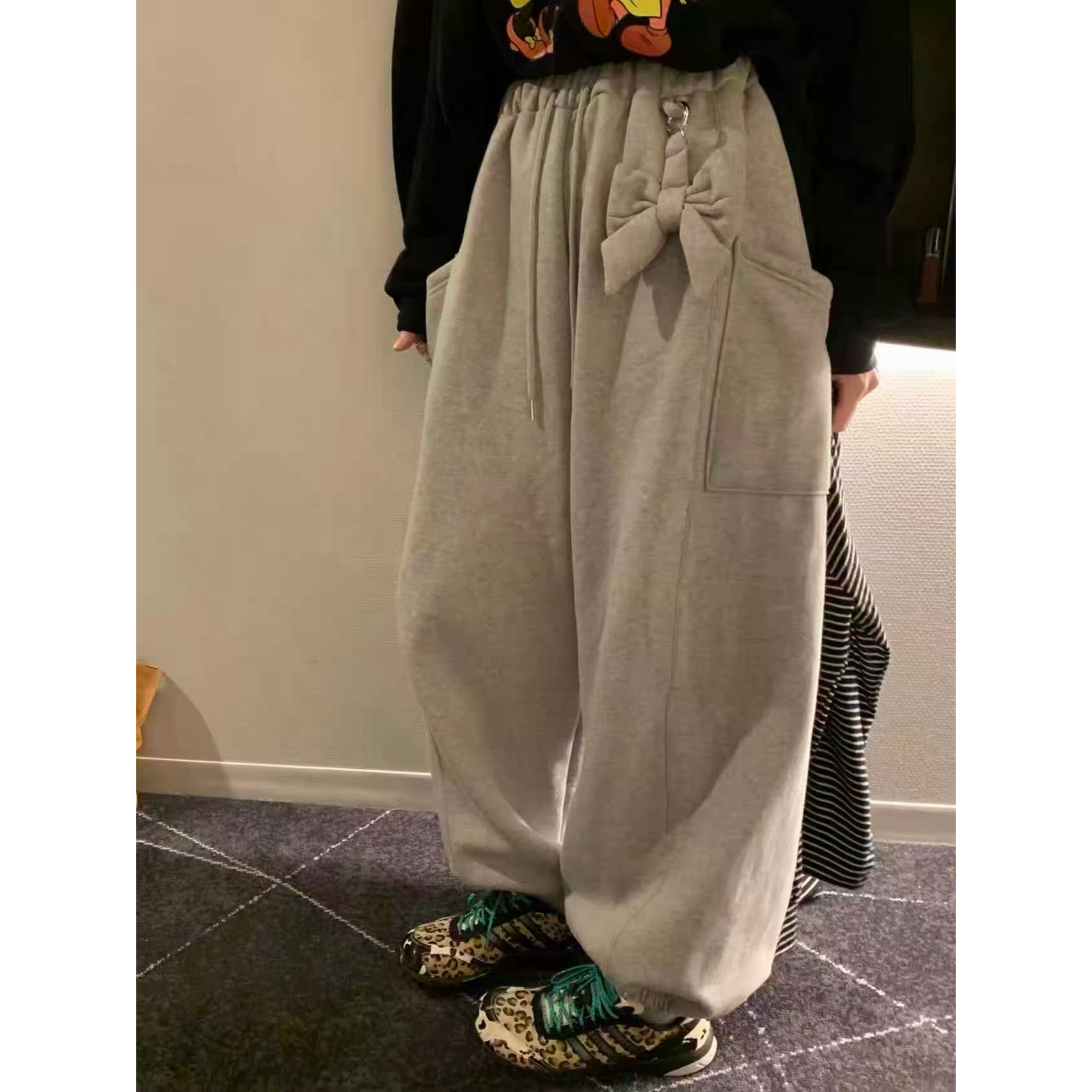 韩系加绒蝴蝶结卫裤