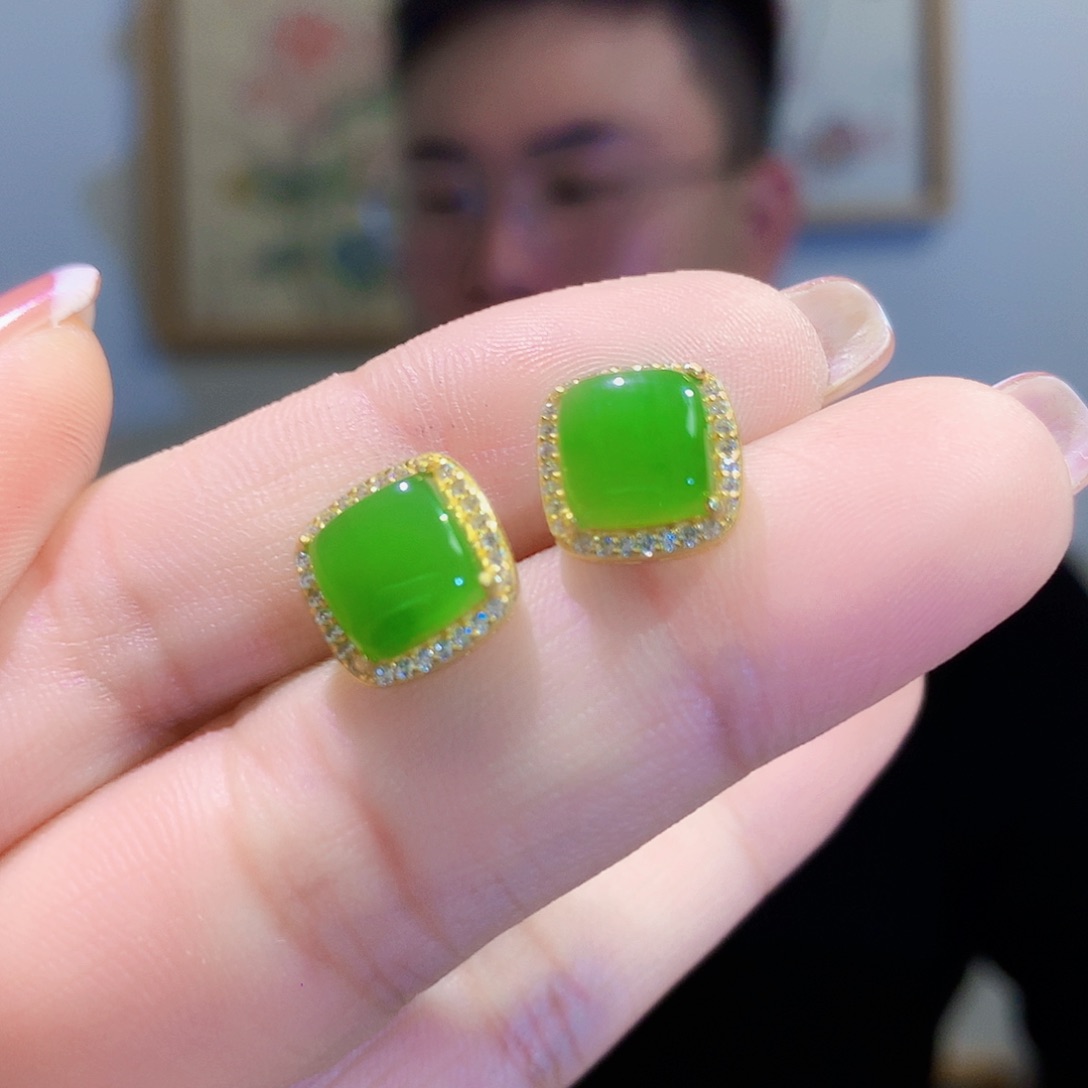 和田玉（碧玉）耳饰银S925镀金镶嵌
