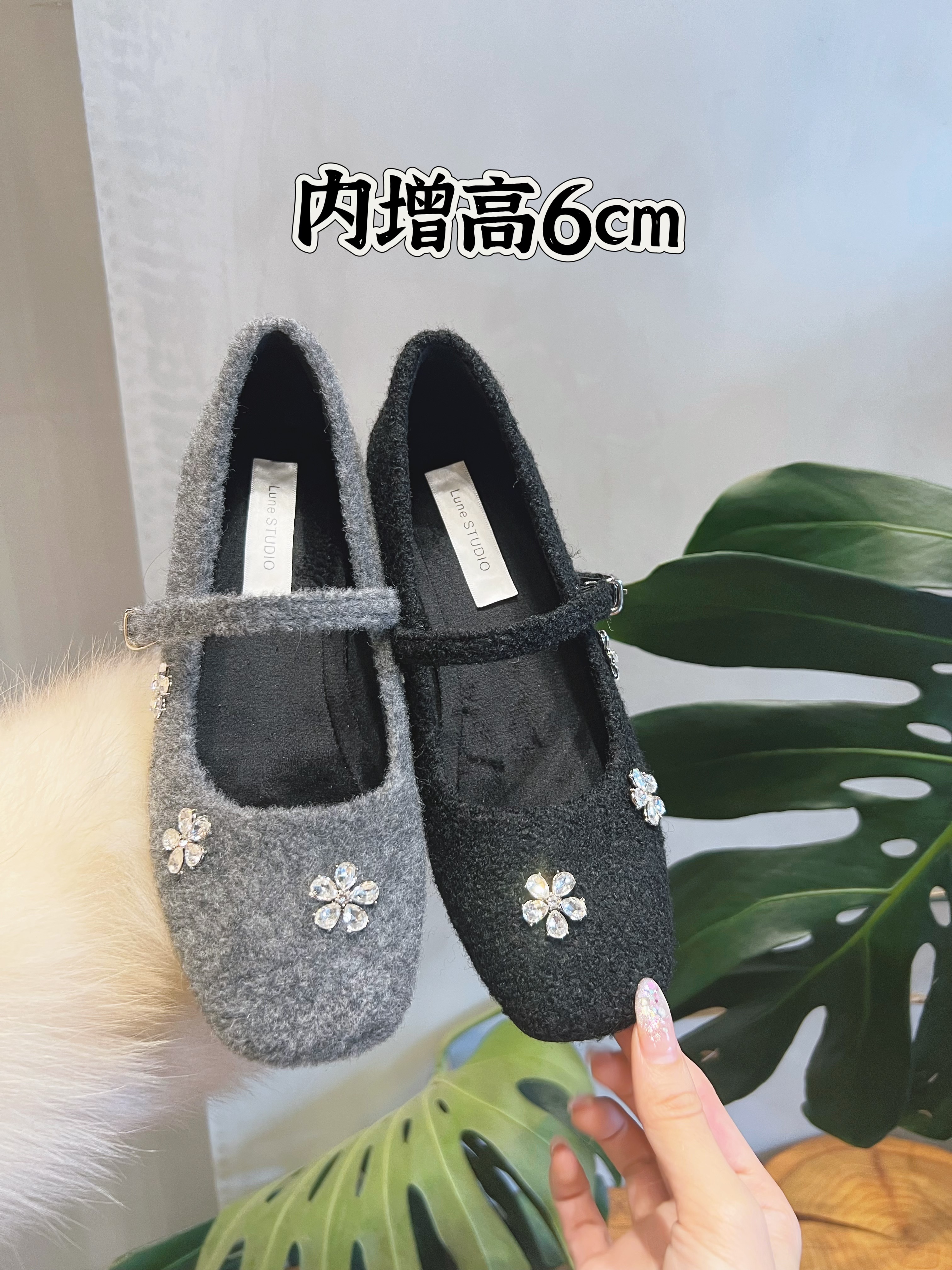 小个子增高6cm花朵软底加绒冬季玛丽珍鞋水钻增高女士单鞋加绒