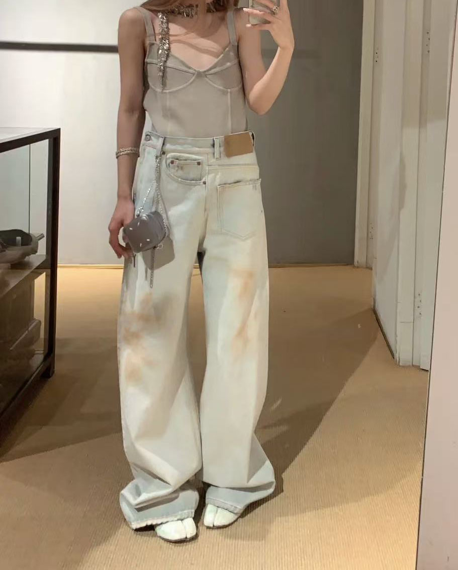 像雨像云又像风数字贴标牛仔阴阳牛仔裤复杂结构女裤直筒