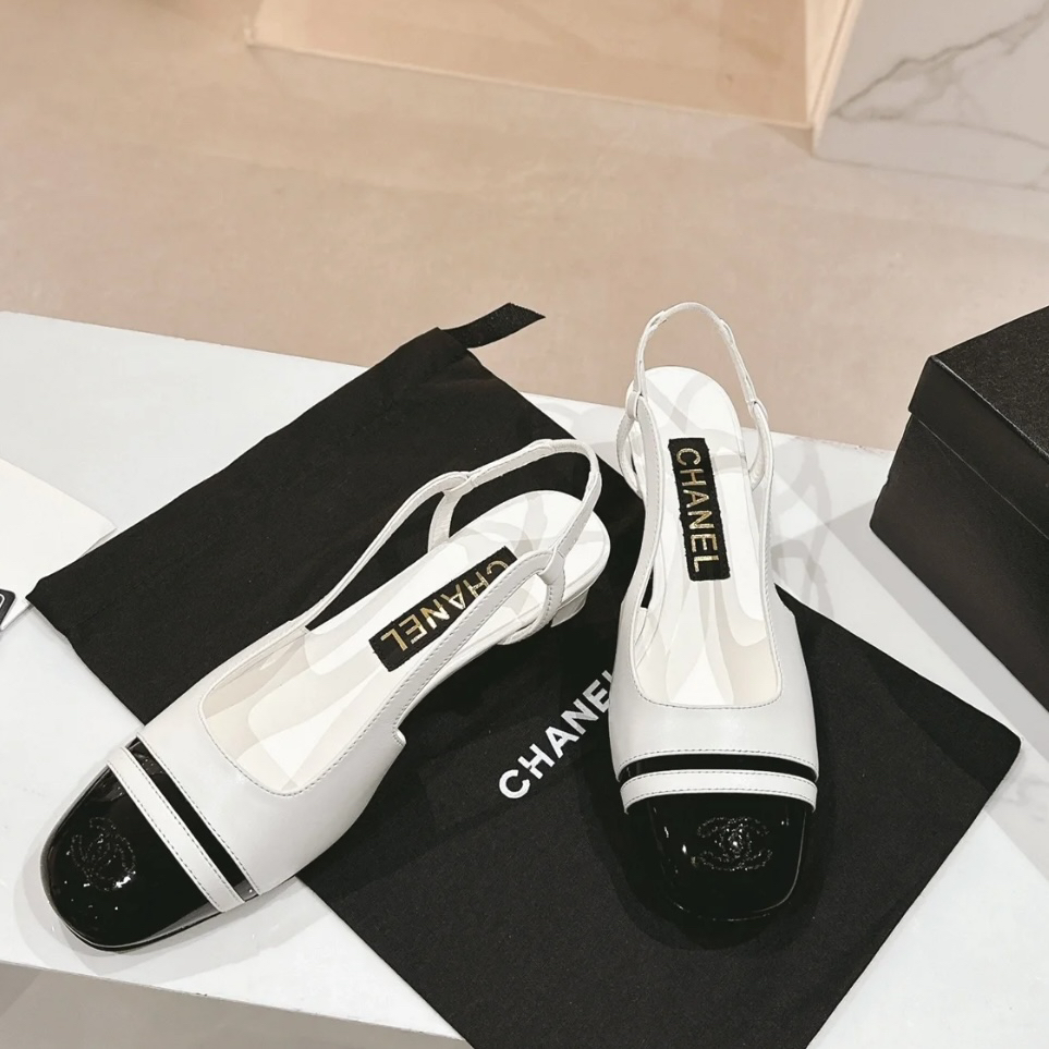 99新 Chanel/香奈儿  2l036 黑白拼色logo缝线印花小高跟 37码