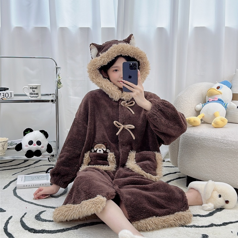 可爱公主风睡袍女秋冬季珊瑚绒加厚加绒睡衣可外穿睡裙家居服浴袍