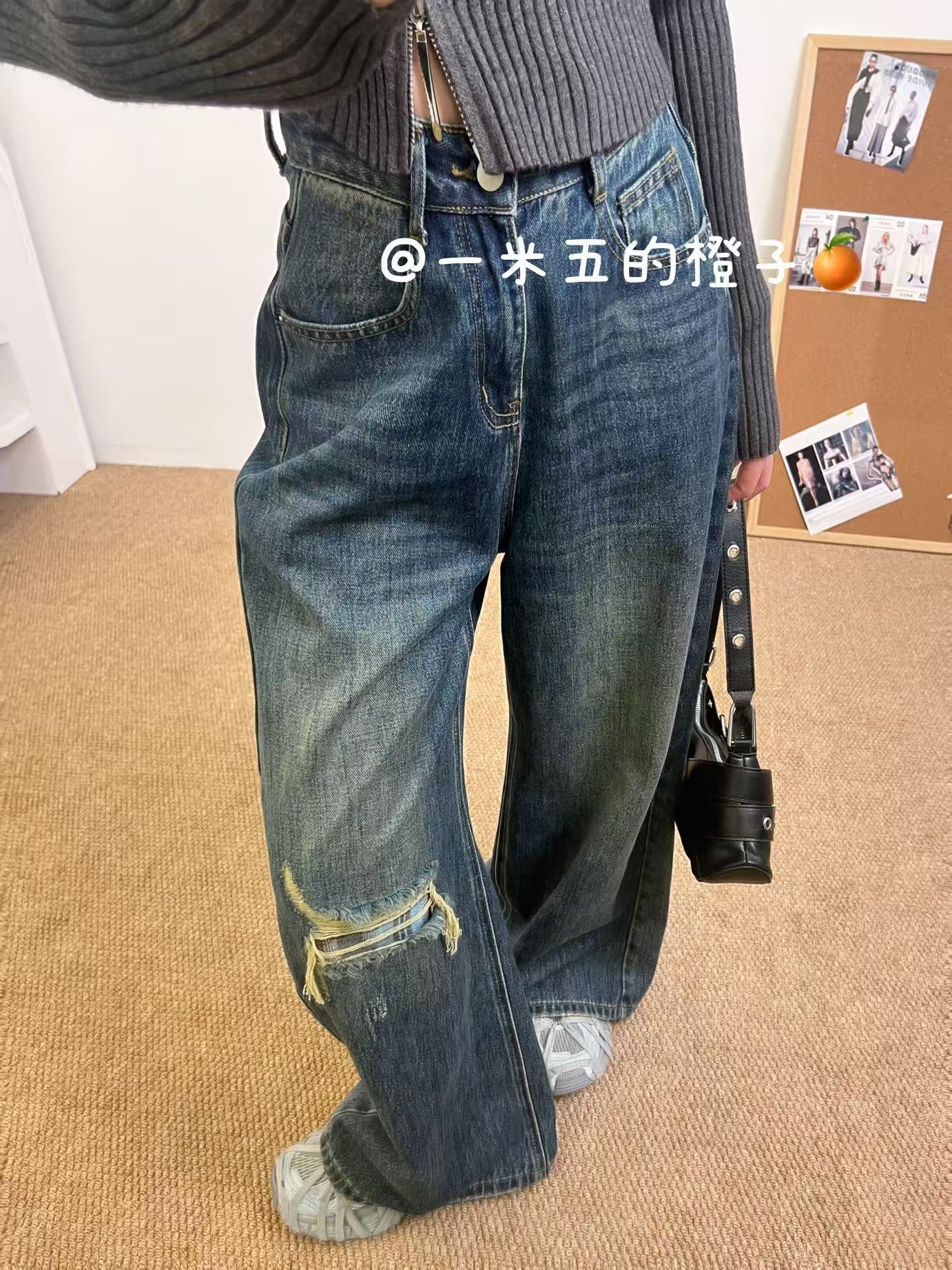 【假破洞牛仔裤】阔腿裤百搭显瘦蓝色牛仔裤小个子