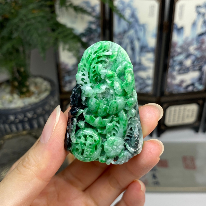 飘阳绿俏色花开富贵喜上眉梢挂件吊坠 天然翡翠A货